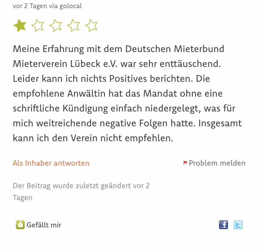 Bewertung auf Glocals über den Mieterverein Lübeck